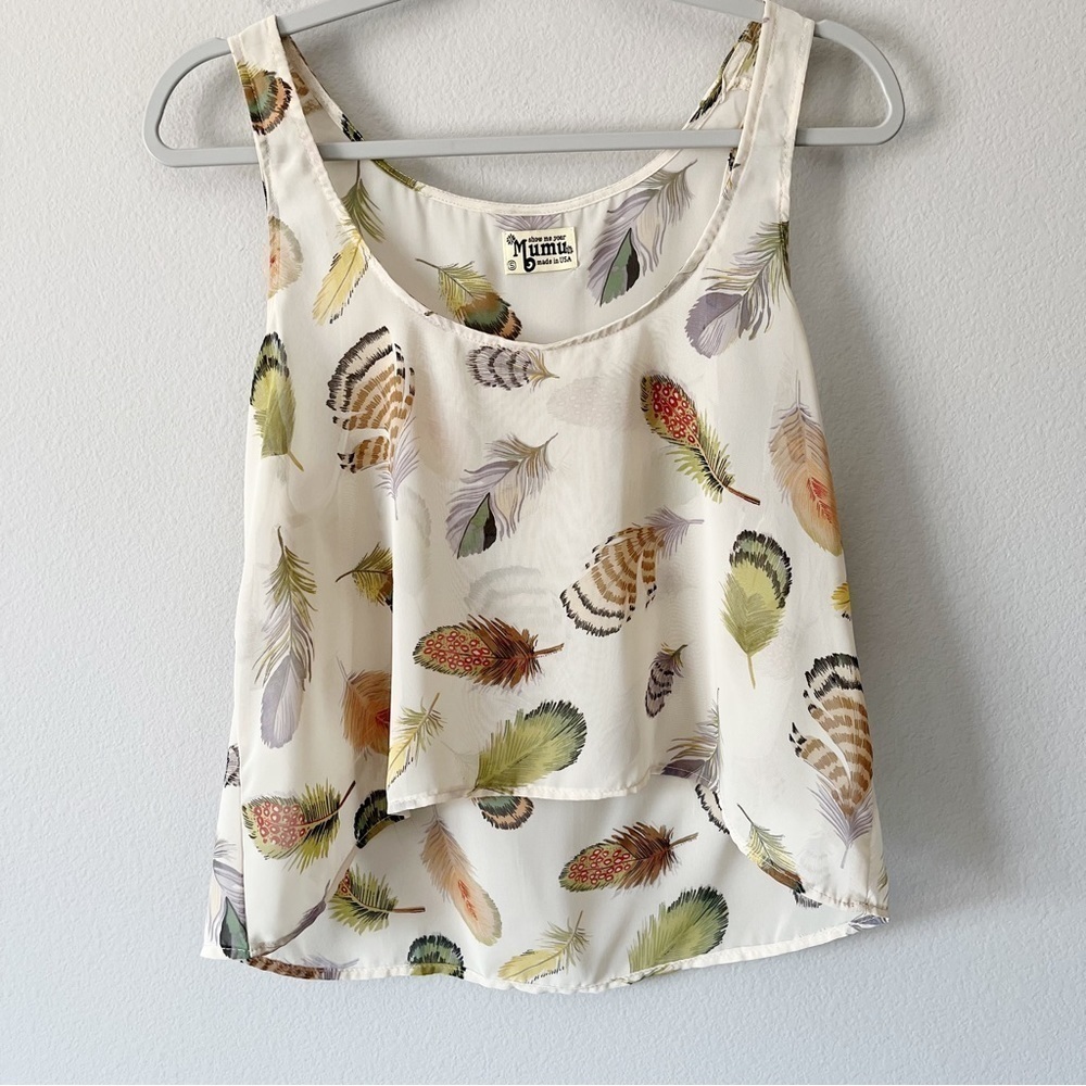 Show Me Your MuMu Feather Print Sheer Tank Top Sz Small Festival Bohemian Indie